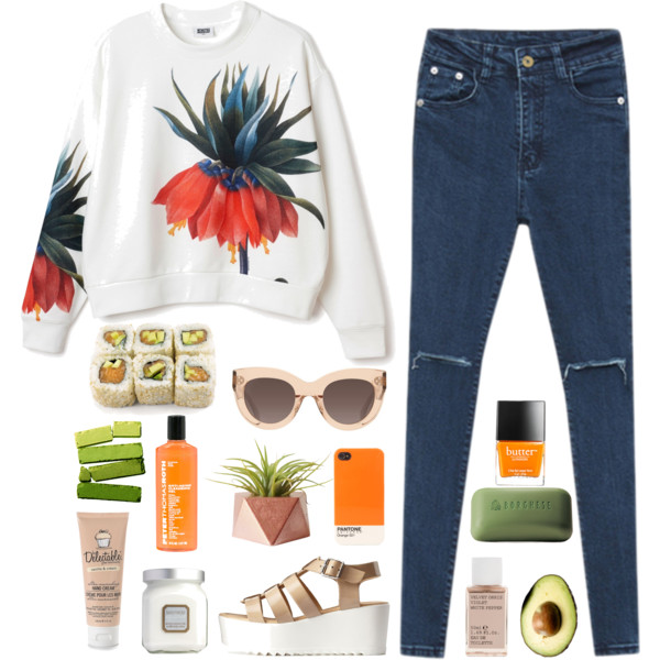 #weekday #stylemoi #celine #charlotterusse #croptop #sweater #flower #floralprint #whhite #orange #green #blue #dark #denim #jeans #long #sleeves #sunglasses #nailpolish #butter #food #urban #casual #comfy #outfit