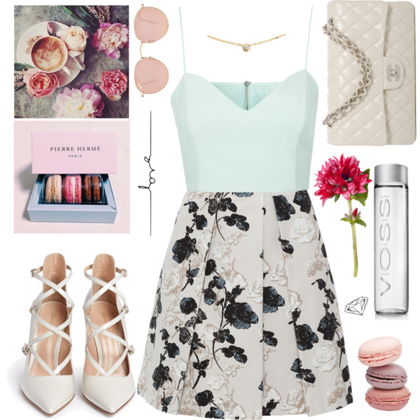 A fashion look from August 2015 featuring zip top, floral a line skirt and beige patent pumps. Browse and shop related looks.