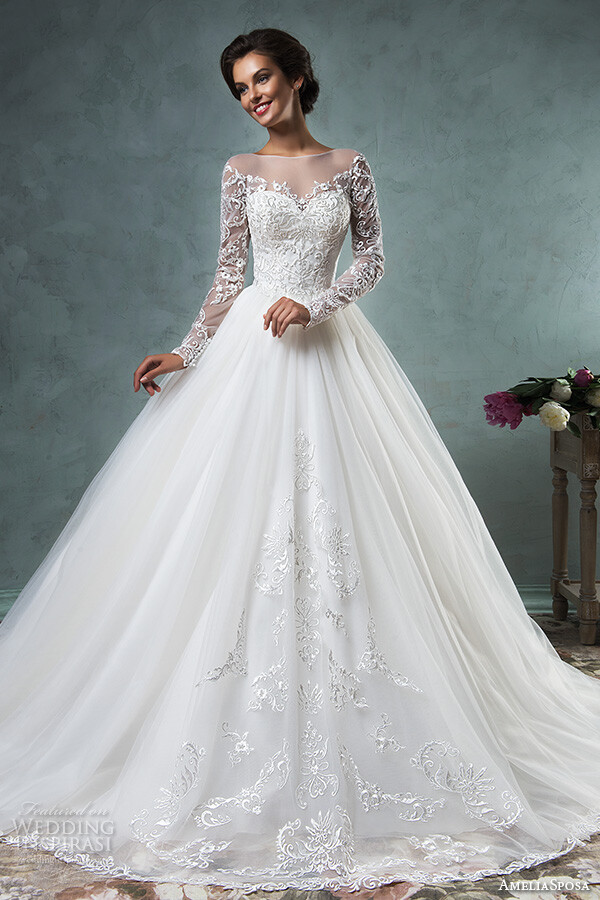 amelia sposa 2016 wedding dresses illusion bateau neckline long sleeves embroideried bodice a line ball gown wedding dress sierra壁纸 婚纱 礼服 裙子 时尚 摄影