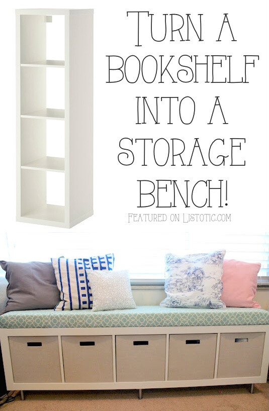 20 Creative Furniture Hacks :: Turn a bookshelf into a cute storage bench!