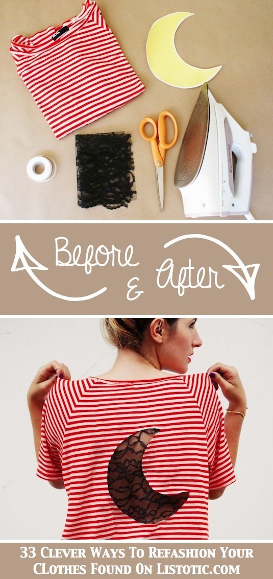 You can update just about any shirt with this method! And, guess what? There’s no sewing required for this one. You can make your cut-out in just about any shape (I’m thinking a heart or star), and then use hem tape to secure the lace to the inside of your shirt.