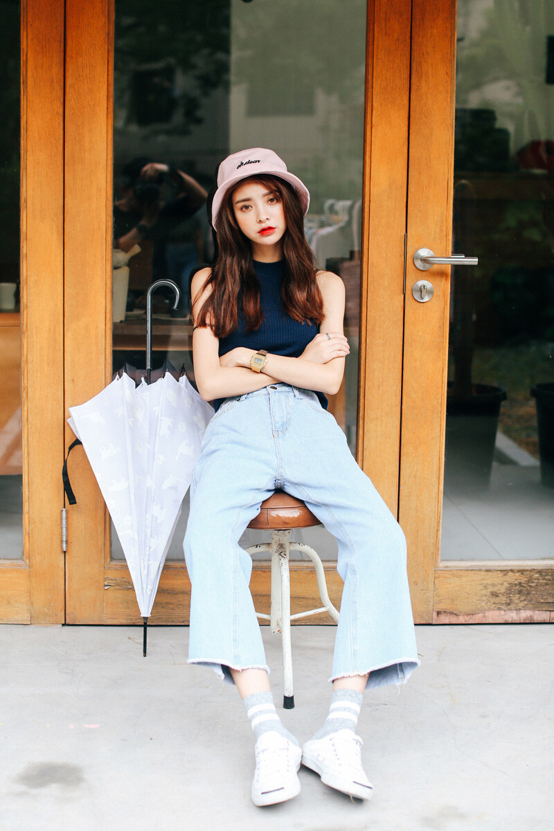 missq独家定制宽松大码浅色高腰牛仔卷边阔腿裤女九分直筒裤