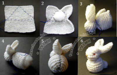 make a rabbit out of a simple knitted square (visual guide):