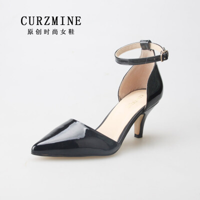 CURZMINE2015新款高跟鞋夏包头凉鞋尖头细跟漆皮中跟欧美镂空女鞋