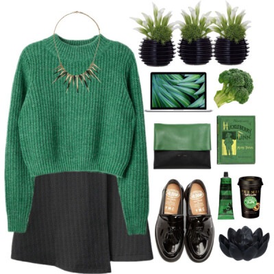 A fashion look from September 2015 featuring green top, long skirts and black flats. Browse and shop related looks.