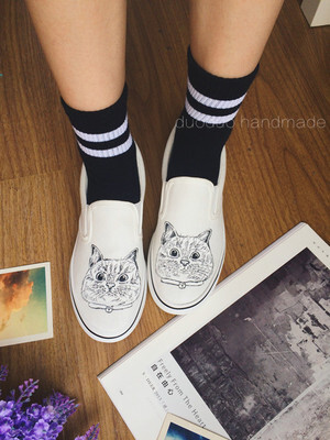 多多原创2015秋日系街头黑白素描小猫 套脚 乐福鞋 手绘帆布鞋