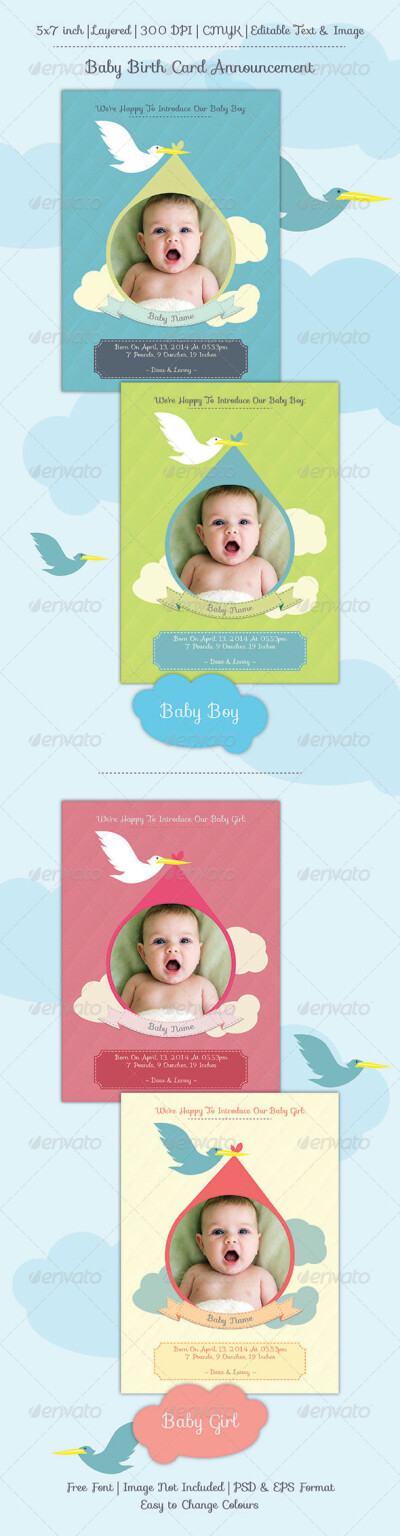 Baby Birth Announcement Card 婴儿出生通知卡贺卡模板素材设计