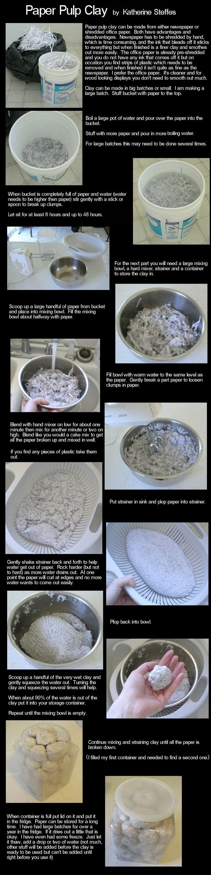 http://www.enchantedbeings.com/tutorials/paperpulpcombo1.jpg paper clay using either office shred or newspaper shred and water. Has to soak for couple of days.: