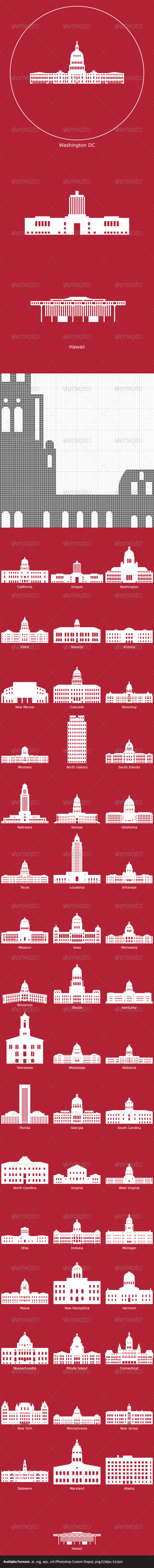 US State Capitols 建筑物绘画插图设计素材源文件模板