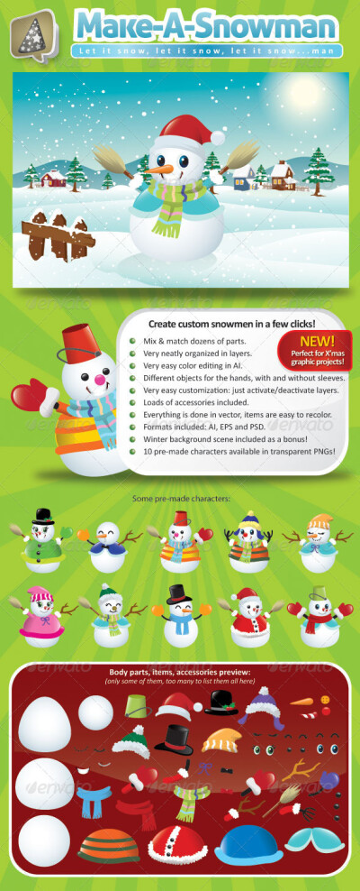 Vector Snowman Creation Pack 矢量雪人创作绘画插图素材源文件