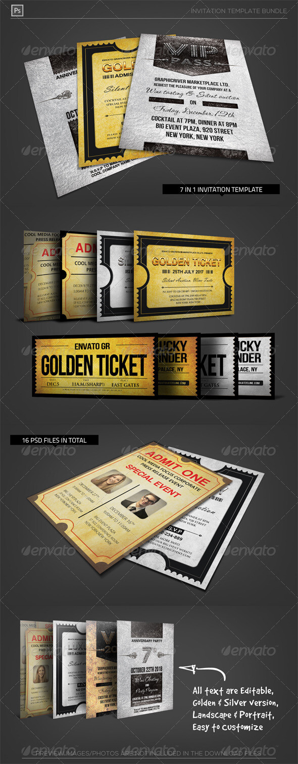 Golden Silver Invitation Template Bundle 黄金白银邀请卡模板