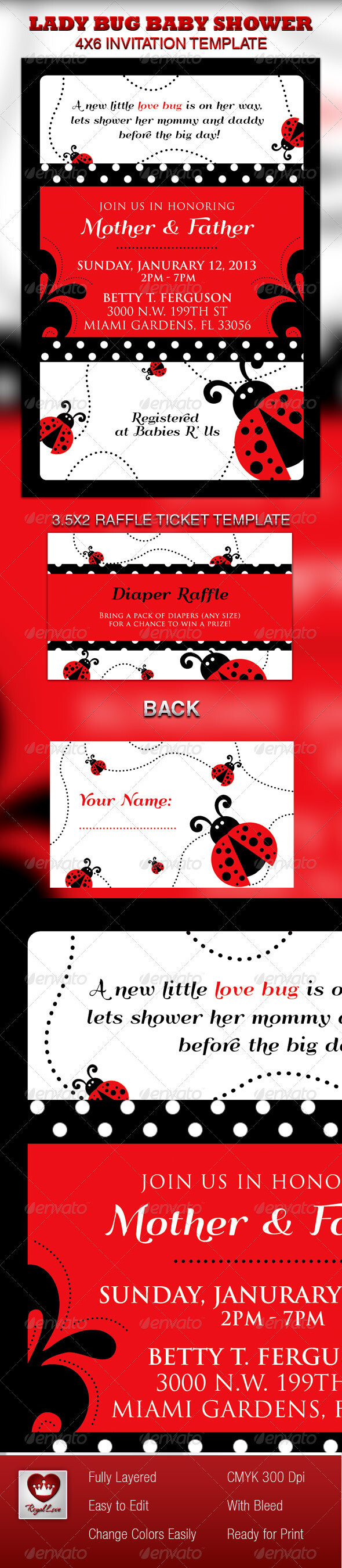 Lady Bug Baby Shower Invitation &amp;amp; Raffle Ticket 卡片贺卡模板