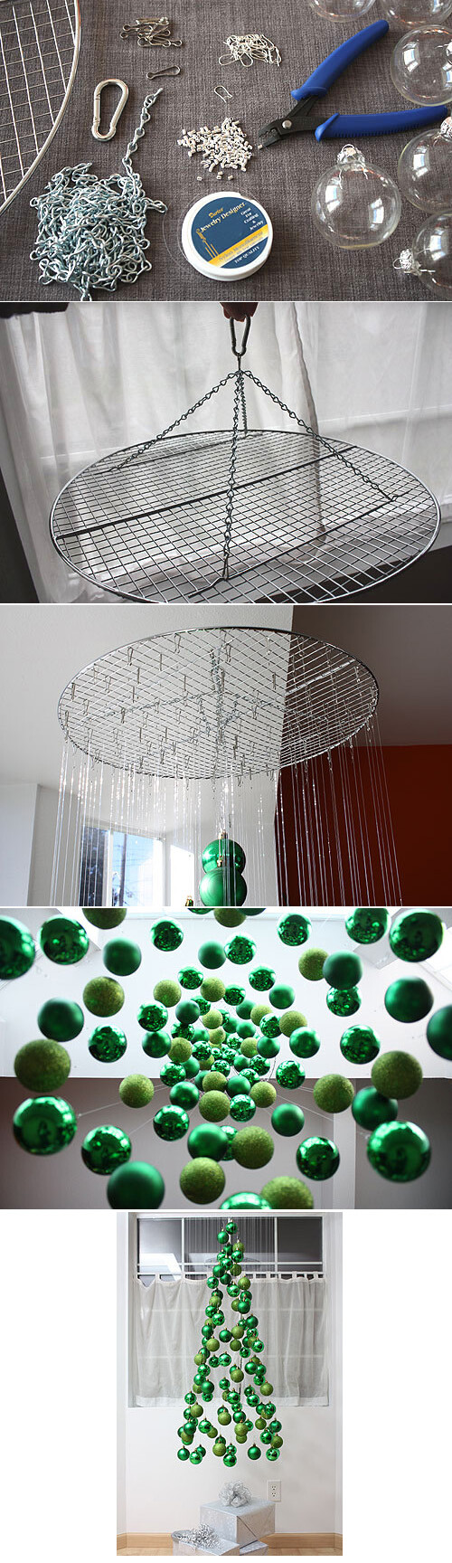 Create a hanging ornament structure that resembles a tree.