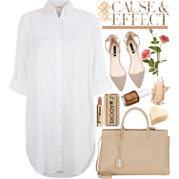 A fashion look from September 2015 featuring long sleeve shirt dress, flat pumps and nude purses. Browse and shop related looks.