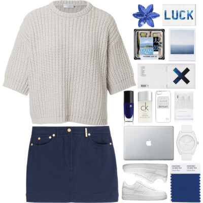 A fashion look from August 2015 featuring sweater pullover, blue skirt and nike shoes. Browse and shop related looks.