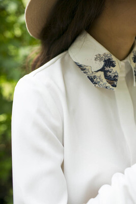 原创品牌设计女装日本和风神奈川冲浪印花长袖白衬衫打底衬衣上衣