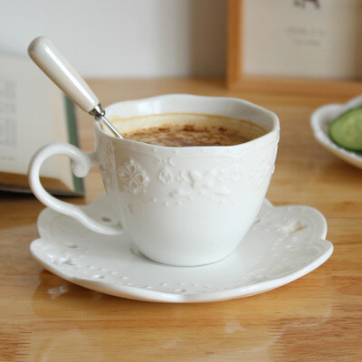 欧式浮雕镂空咖啡杯 蝴蝶蕾丝花茶杯 陶瓷杯碟 慵懒下午茶