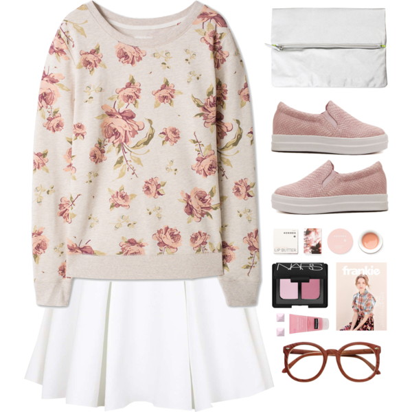 A fashion look from September 2015 featuring sweatshirts, white skirt and pink shoes. Browse and shop related looks.