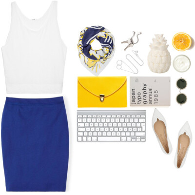 A fashion look from August 2015 featuring white crop tank top, blue pencil skirt and slip on flats. Browse and shop related looks.