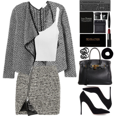 A fashion look from September 2015 featuring v-neck tops, tweed jacket and asymmetrical skirt. Browse and shop related looks.