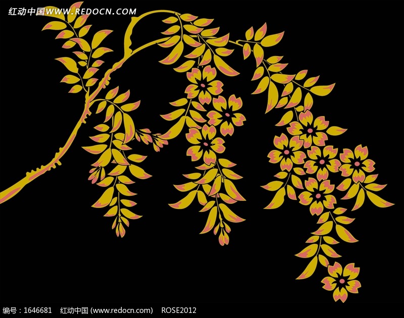 黑色背景上金色植物花纹图片