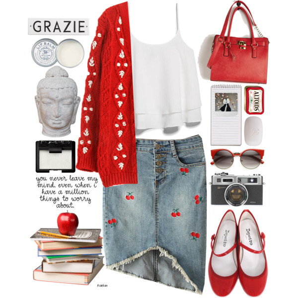 A fashion look from September 2015 featuring red cardigan, white top and denim skirt. Browse and shop related looks.