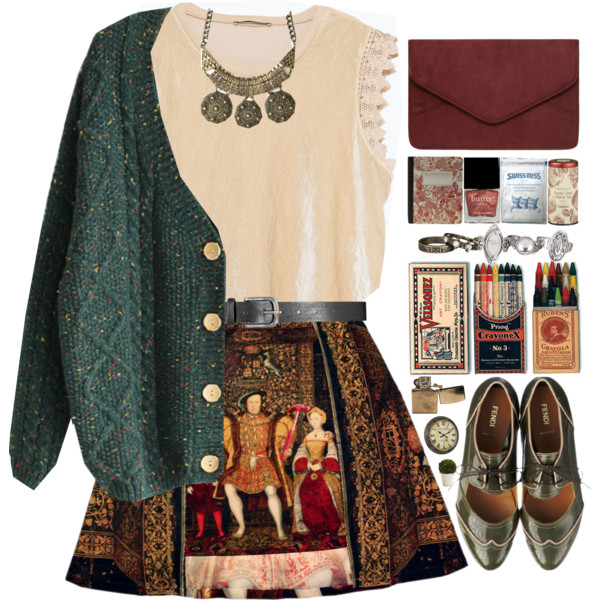 A fashion look from September 2015 featuring v neck cardigan, embellished tops and brown skirt. Browse and shop related looks.