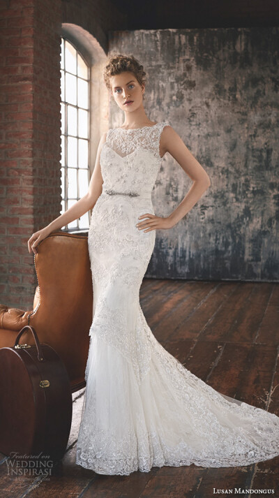 lusan mandongus 2016 wedding dresses scallop bateau illusion lace neckline embroidered slim cut fit flare trumpet beautiful mermaid gown merak