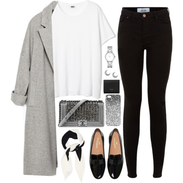 A fashion look from September 2015 featuring woolen coat, 5 pocket jeans and patent flats. Browse and shop related looks.