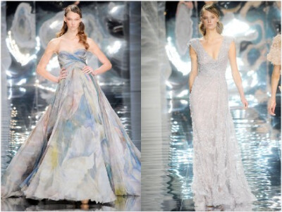 经典回顾：Elie Saab Haute Couture S/S 2010，主题为“Aquatic Garden”，波光涟漪的视觉效果描绘的是阳光照射于水生植物园中水珠与水面的莹莹反光