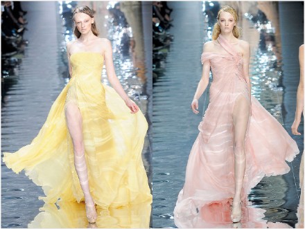 经典回顾：Elie Saab Haute Couture S/S 2010，主题为“Aquatic Garden”，波光涟漪的视觉效果描绘的是阳光照射于水生植物园中水珠与水面的莹莹反光