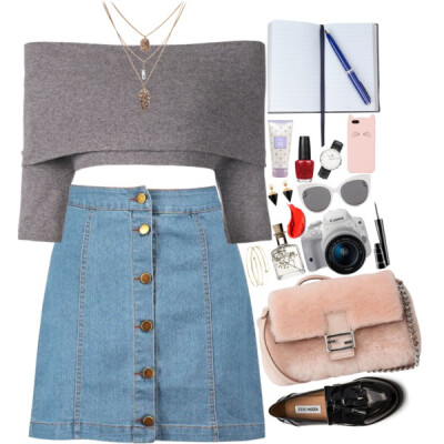 A fashion look from October 2015 featuring off the shoulder tops, denim skirt and steve madden flats. Browse and shop related looks.