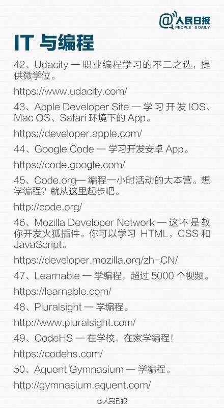 【推荐！你应该知道的全球50大在线学习网站】羡慕大神们编程、设计样样精通？想入门学习而找不到教程资源？要提高综合素质，你必须常常给自己“充电”！全球50个非常实用的在线学习网站，涉及摄影、顶尖大学课程、语言学习、App开发、大数据分析……戳图↓↓转给需要get新技能的TA吧！#顶好阅读#