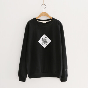 PP家秋冬新款女装卡通几何中文印花圆领宽松加绒套头卫衣绒衫1009