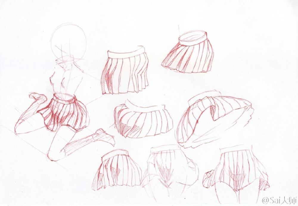 #绘画学习# JK百褶裙的绘画参考，练习褶皱也是不错的哦！