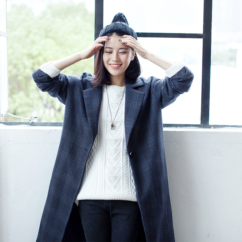 鹿笙出品|菲安 藏青格子大衣 西装领中长款外套 秋冬新WA1513