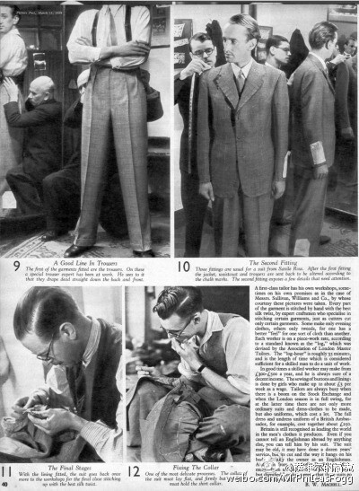 从1938年到1957年间出版，被称作英国的Life杂志的《Picture Post》的1939年专题：Making a Savile Row suit，从选布到制作再到试身完成的全过程图解介绍。