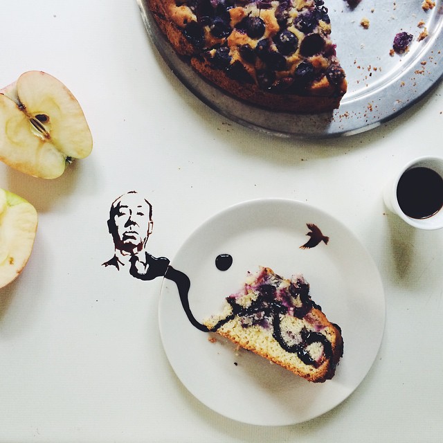 27岁的意大利艺术家Giulia Bernardelli用咖啡、蜂蜜、冰淇淋等，在桌面上创作了一些生动的图画