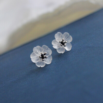 【石头的日记】雨中花 白水晶五瓣花朵925纯银 耳钉