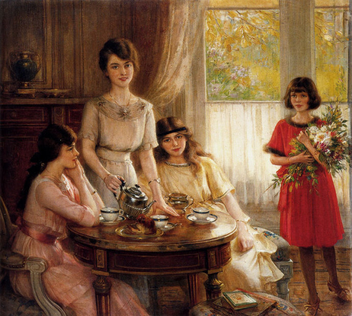 画家名称：Albert Lynch (艾伯特·林奇) 作品名称: Tea Time（下午茶时间）