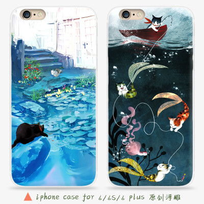 苹果iPhone6s Plus 创意清新可爱猫咪插画手机壳 硅胶浮雕保护套