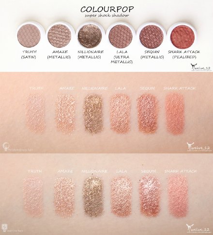 #12试色# COLOURPOP单色眼影试色。色号:RIP TIDE / TEA PARTY / IN A PICKLE / SHOP / EROTIC / DRIFT / TRUTH / AMAZE / NILLIONAIRE / LALA / SEQUIN / SHARK ATTACK / BILL / MITTENS / BANDIT / HUSTLE / DOE-A-DEER / BAE。下面图注里上面为色号括号内为质地，EROTIC的质地参考图8，试色感受见图8