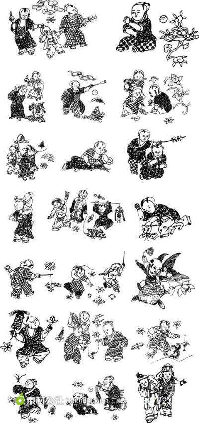 中国传统图案玩耍的孩童矢量元素