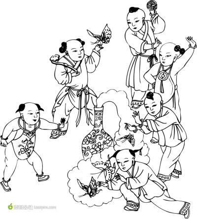 中国传统图案孩童戏蝶图矢量素材