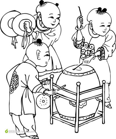中国传统图案孩童敲锣打鼓矢量素材