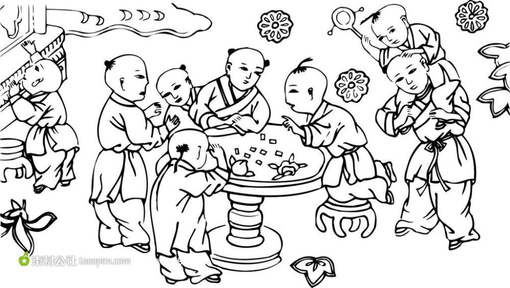 中国传统元素孩童玩牌矢量素材