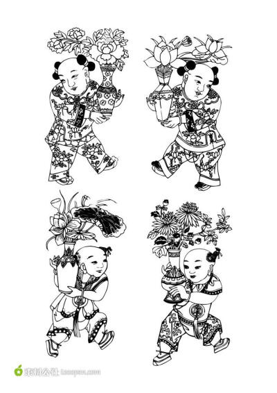 中国传统元素孩童宝瓶花卉矢量素材