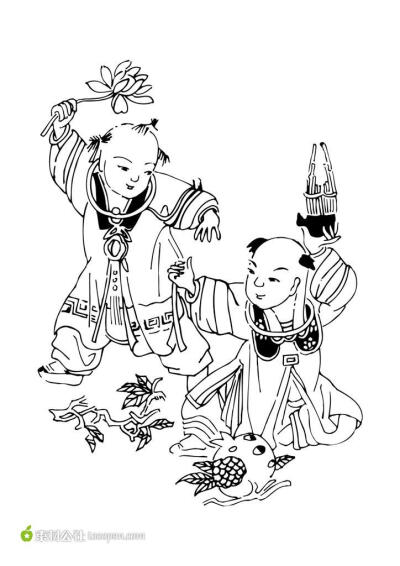 中国传统元素孩童石榴荷花矢量素材
