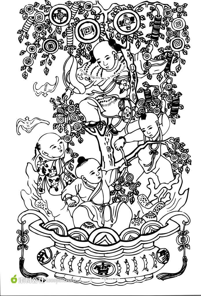 中国传统图案钱币树木孩童矢量素材