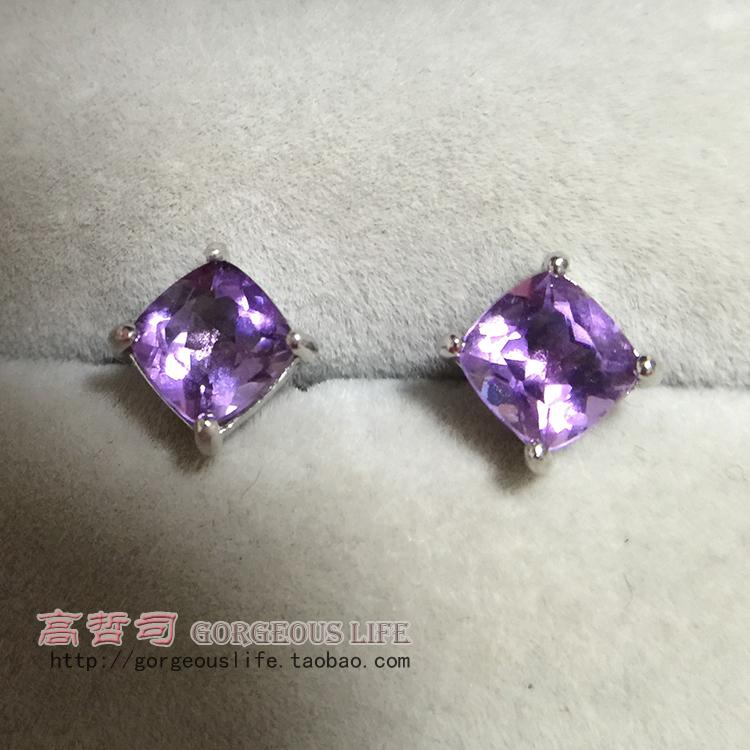 6MM 天然紫水晶 圆方肥方枕形 S925纯银镀白金 耳钉 耳针 耳环